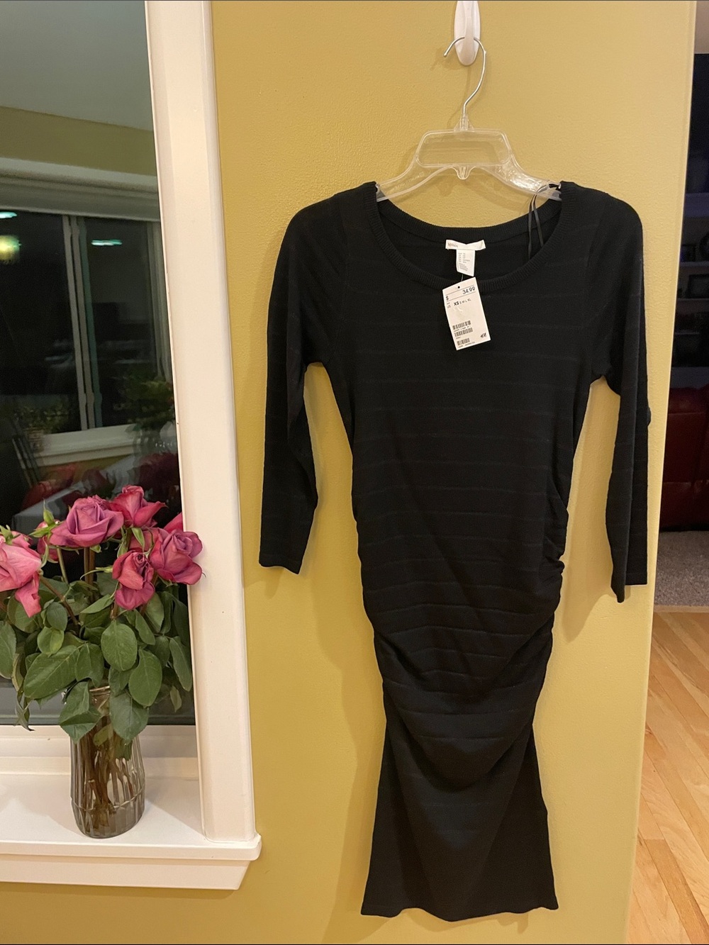 NWT H&M Black Long-Sleeve Ruched Midi Dress